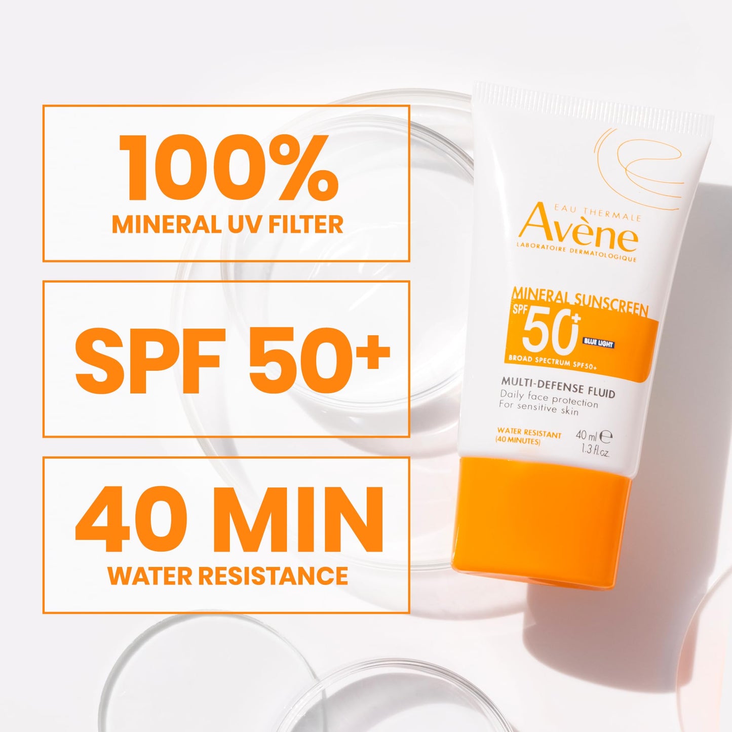 Avène Mineral Sunscreen Multi-Defense Fluid SPF 50+, Clean Formula Sunscreen for Sensitive Skin, Sheer, Water Resistant, Non-Whitening, Antioxidant