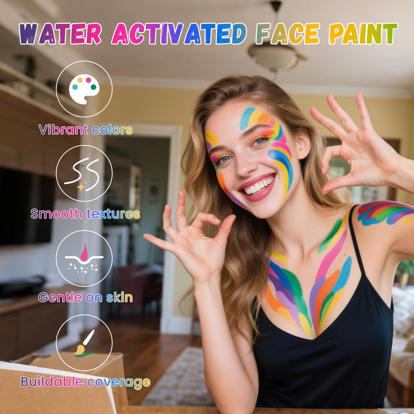 Water Activated Face Paint, Highly Pigmented Facepaint Makeup Kit, Quick-Drying Body Paint for Adults, Split Cake Face Paint with 4 Paint Brushes