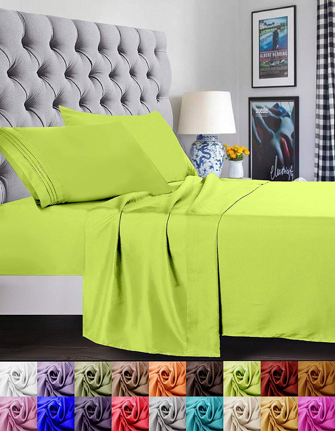 Elegant Comfort 1500 Premier Luxury Hotel Quality Super Soft Wrinkle Free and Fade Resistant 4-Piece Bed Sheet Set, Full, Lime-Neon Green
