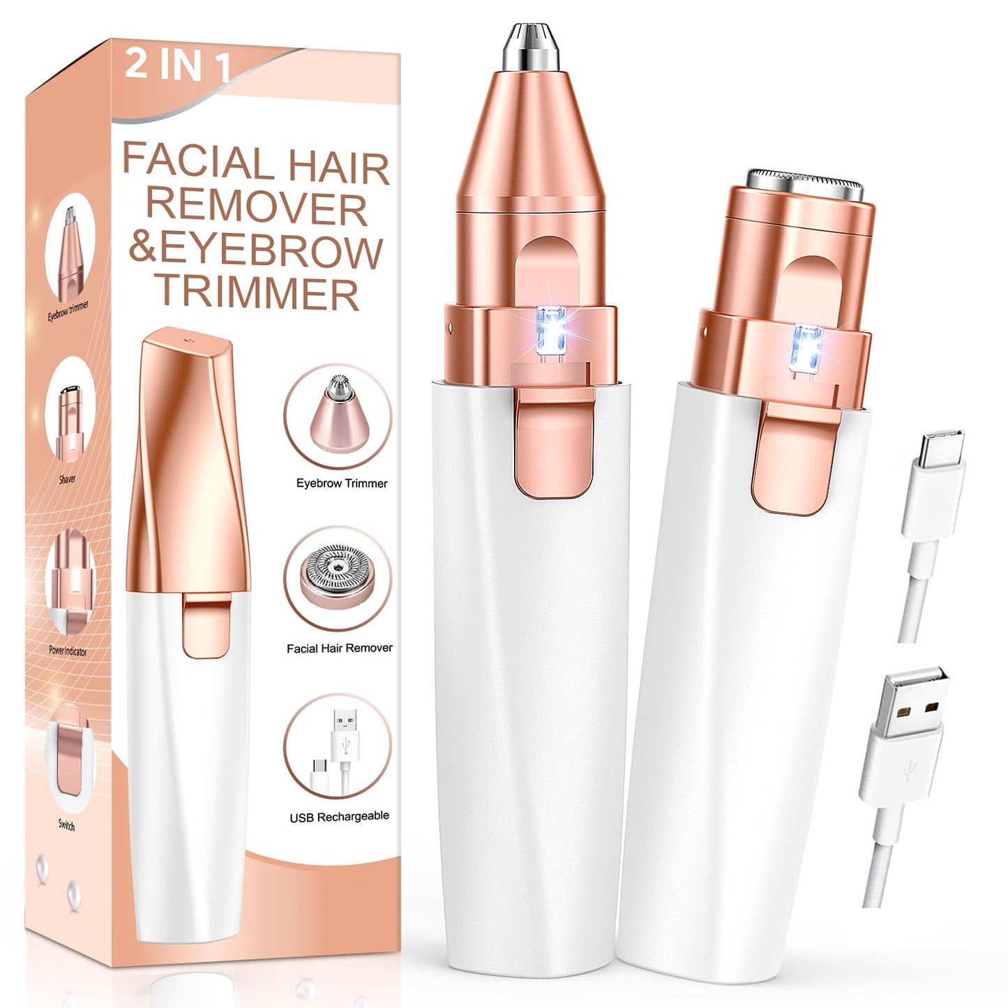 Eyebrow Trimmer Facial Hair Removal for Women: 2 in1 Rechargeable Face Shaver with LED Light, Painless Electric Eyebrow Razor for Eyebrows, Upper Lip Beauty and Personal Care IFANZETECH