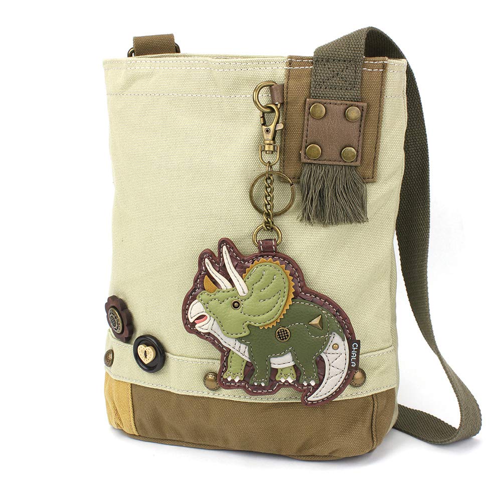 CHALA Womens' Canvas Patch Crossbody Handbag with Keyfob- Sand (Triceratops - Sand)