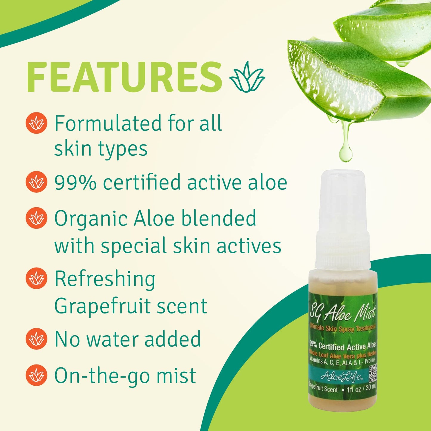Aloe Life SG Aloe Mist Gel - Topical Skin Conditioner, Whole Leaf Aloe Vera Juice Concentrate, Contains Special Skin Actives, Vitamin A, C, & E, Helps