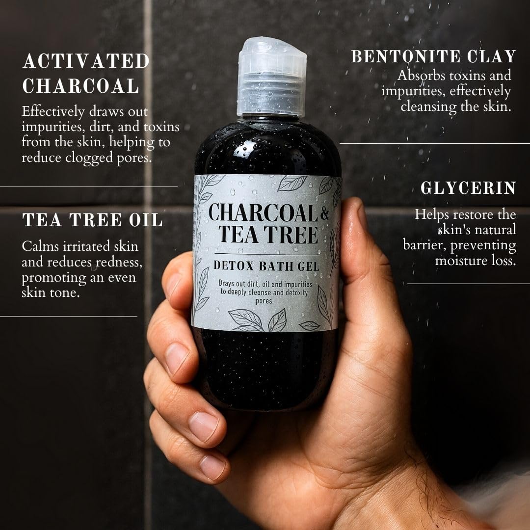Nature Skin Shop Charcoal & Tea Tree Body Wash, Detoxifying Cleanser for Body Acne, Oily Skin & Clogged Pores, with Organic Ingredients, Sulfate-Free