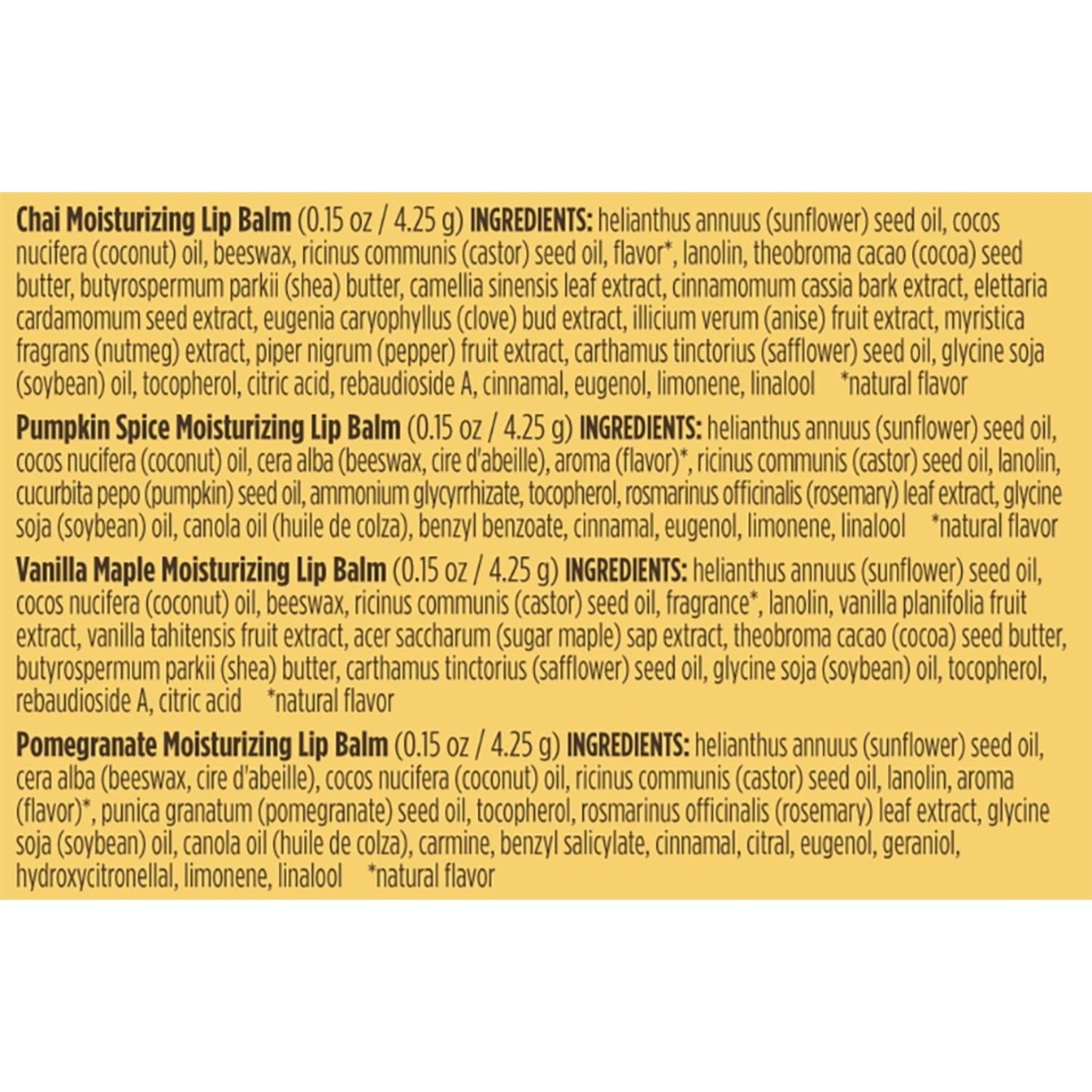 Burts Bees 100% Natural Moisturizing Lip Balm, Winter Variety Pack, Chai Tea, Pumpkin Spice, Vanilla Maple, Pomegranate, 4 Tubes of Lip Balm, 0.15