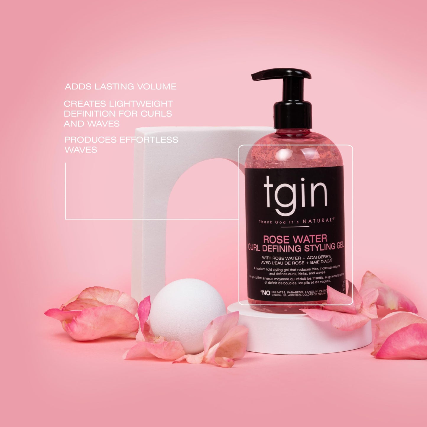tgin Rose Water Curl Defining Styling Gel - Lightweight Hair Gel for Soft, Defined Curls - Curly Hair Products for Frizz Reduction & Volume Boost - No