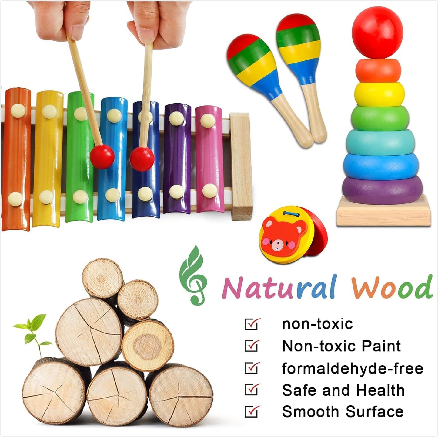 LOOIKOOS Toddler Musical Instruments – Wooden Percussion Set with Carrying Bag, Educational Music Toys for Preschool Kids, Boys & Girls
