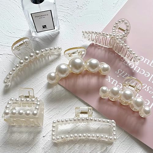 6 Pcs Pearl Hair Clips for Women Large Claw Clips for Thin Thick Hair White Hair Claw Clips for Wedding Gift Nonslip Hair Accessories for Women