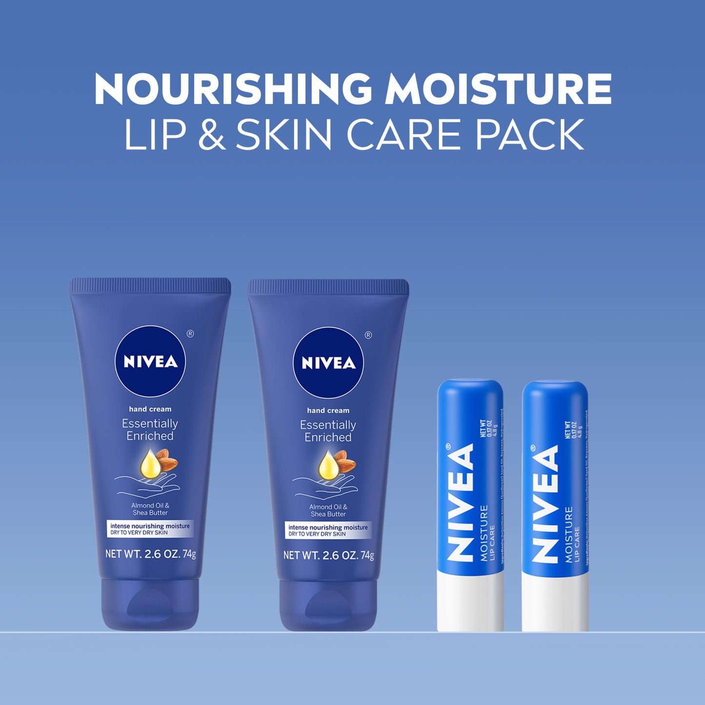 NIVEA Moisturizing Must-Haves Skin Care Set, Essentially Enriched Hand Cream with Almond Oil and Shea Butter, 2.6 Oz Tube (Pack of 2) + Moisture Lip