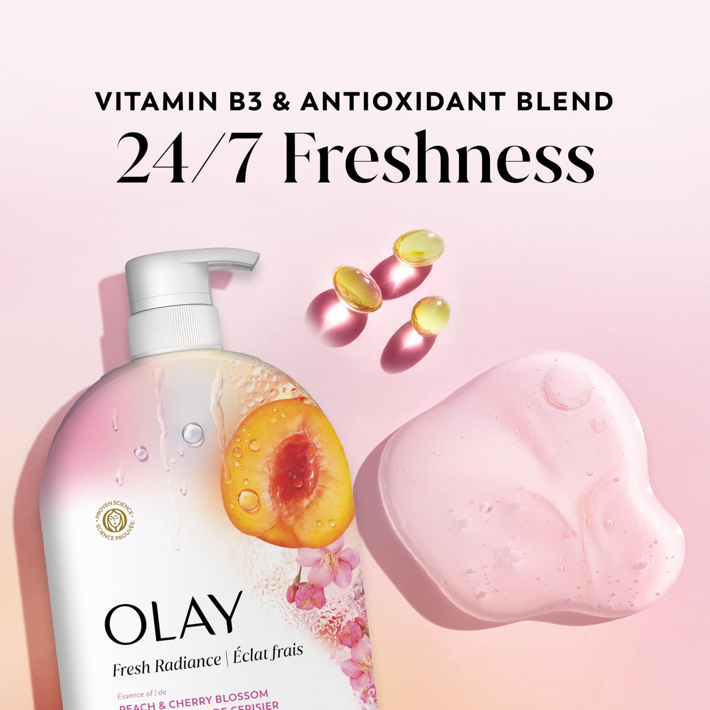 Olay Body Wash for Women, Fresh Radiance, 24/7 Skin-Loving Freshness, Visibly Radiant, Plant Based Cleansers, Vitamin B3 & Antioxidant Blend, For All