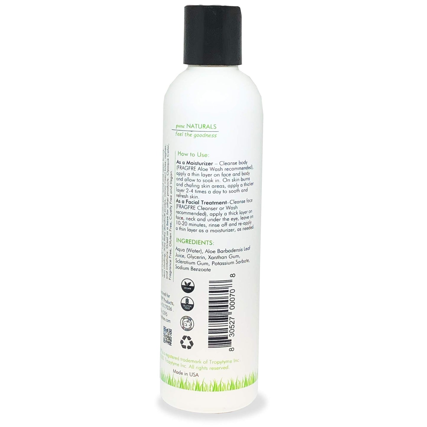 FRAGFRE All-Natural Aloe Vera Gel 8 oz - No Synthetic Carbomer or Acrylate - 100% Natural Aloe Vera Soothing Gel - After Sun Exposure Skin Care