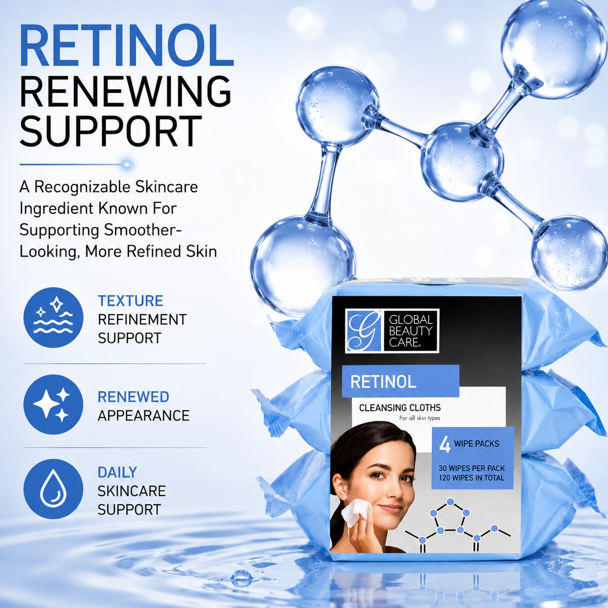 Global Beauty Care Retinol Makeup Remover Wipes with Collagen Renewing Support - Facial Cleansing Cloths, Remove Waterproof Mascara, Oil & Dirt
