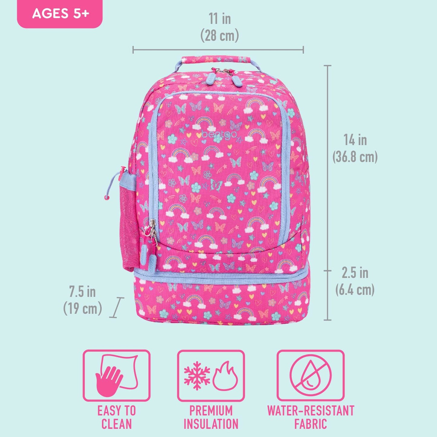 Bentgo Kids 2-in-1 Backpack & Insulated Lunch Bag - Durable 16” Backpack & Lunch Container in Unique Prints for School & Travel - Water Resistant, Padded & Large Compartments (Rainbows & Butterflies)