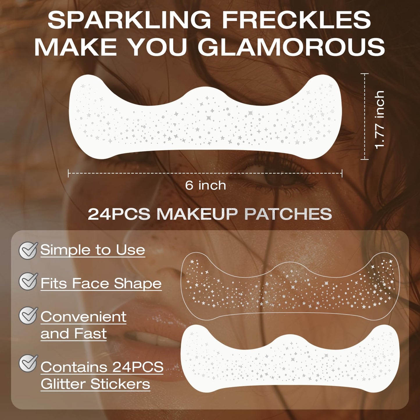 Leterly 24 Pcs Glitter Freckles Face Tattoo,Silver Face Glitter Makeup Patches Cute Sparkle Freckles Patches Waterproof Makeup Speckles for Face