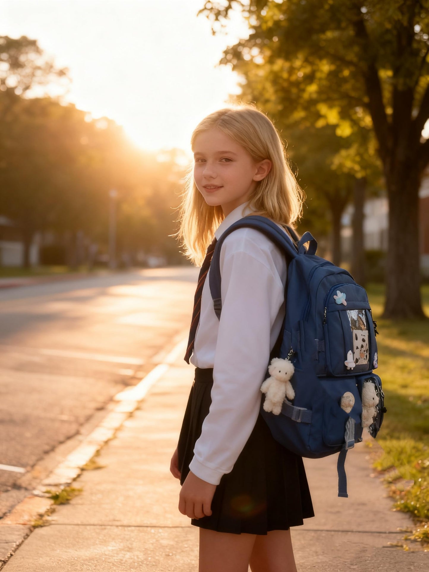 School Backpack for Teen Girls Back to School Aesthetic Cute Adorable Lovely with Pin and Cute Accessory (Blue)