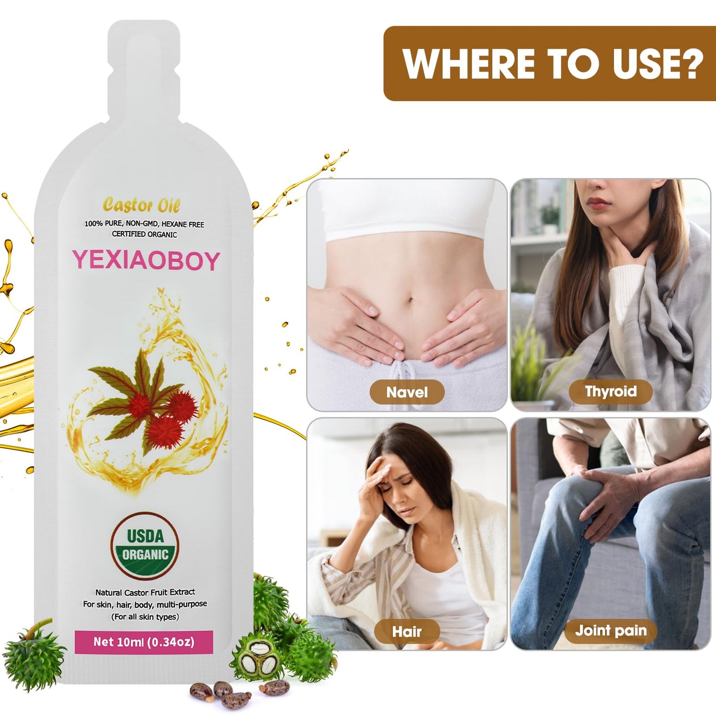 YEXIAOBOY USDA Certified Organic Golden Castor Oil (4Oz), Pure Cold-Pressed Hexane Free Organic Castor Oil Unrefined for Face, Hair Treatment