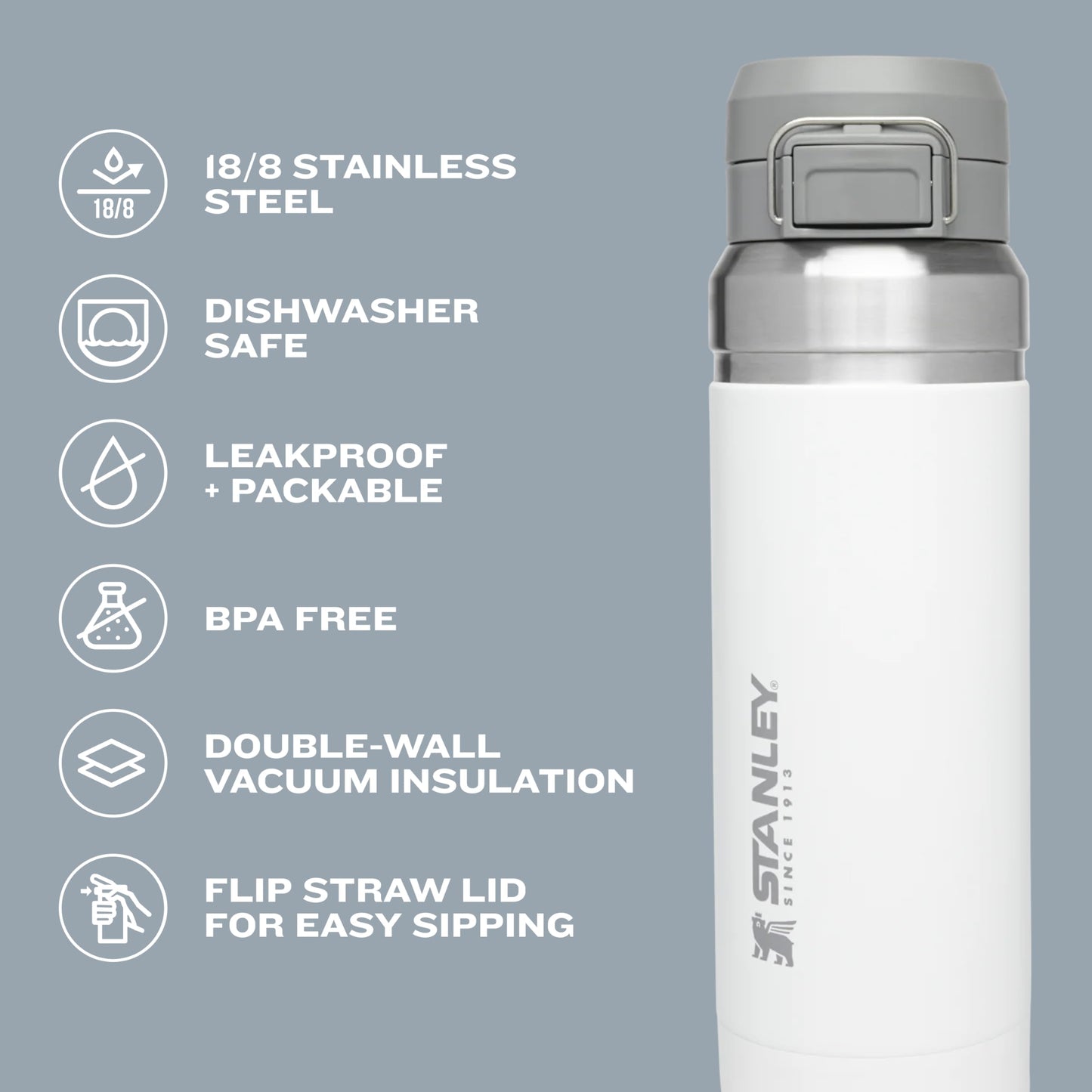 Stanley Quick Flip GO Water Bottle 24 oz | Push Button Lid | Leakproof and Packable for Travel and Sports | Insulated Stainless Steel | BPA-Free