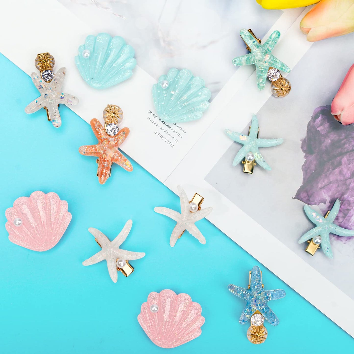 12 Pieces Shell Pearl Starfish Hair Clip Set, Catcan Seashell Hair Clips Starfish Alligator Clips for Women Headwear Styling Tools Accessories