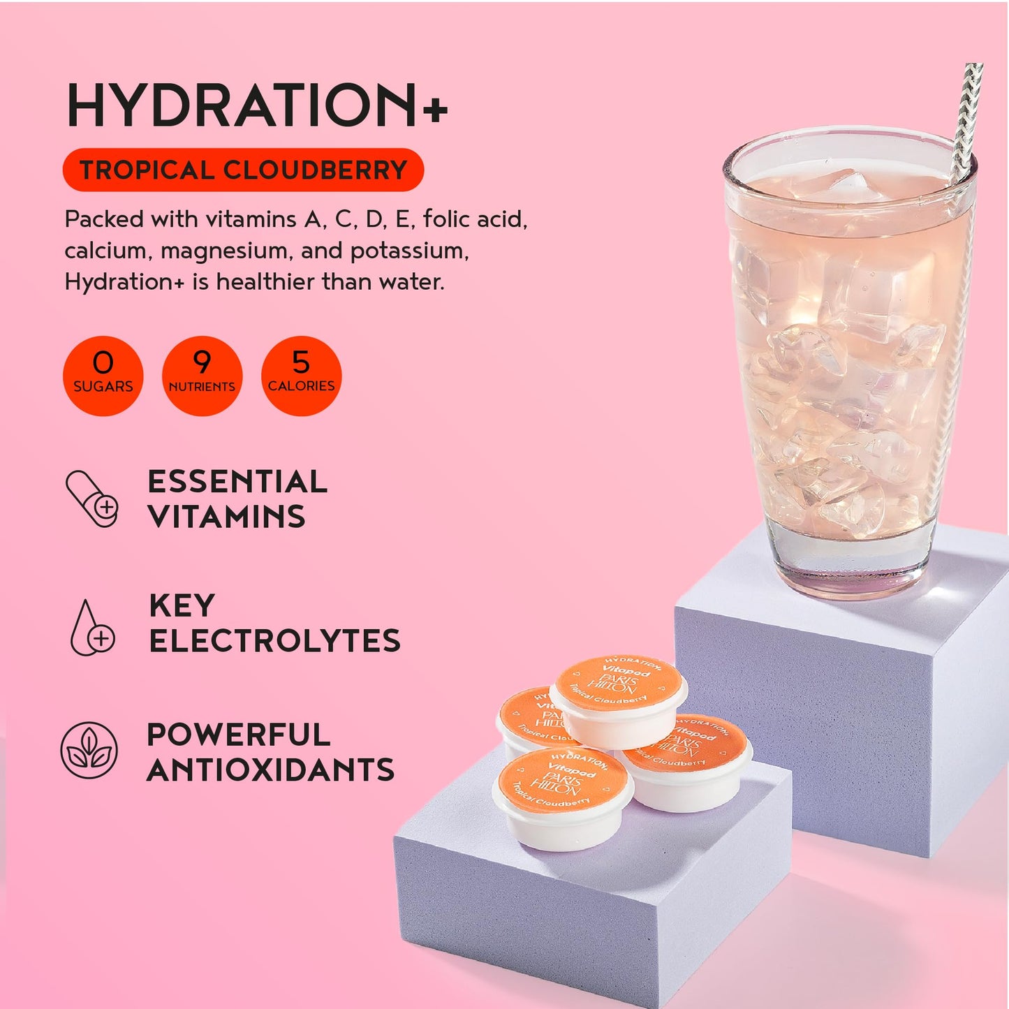 Vitapod Paris Hilton x Daily Wellness System - 22oz Pearlescent Water Bottle in That's Hot Pink & 6 Drink Mix Pod Sampler, Includes BEAUTY+