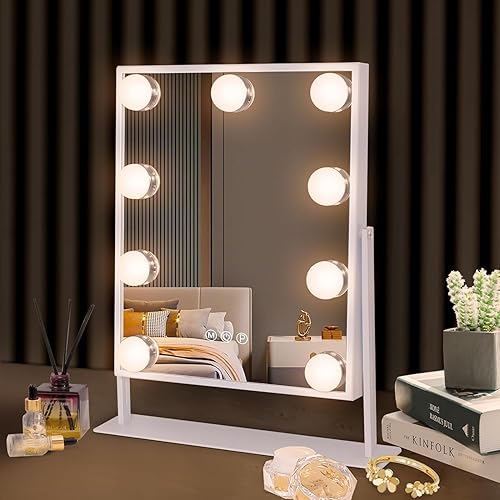 Hansong Vanity Mirror with Lights Lighted Makeup Mirror with 9 LED Bulbs Plug in Light Up Makeup Mirror with Lights 360 Rotation with 10x Magnifying
