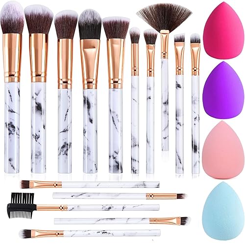 Makeup Brushes DUAIU 15PCs Marble Makeup Brush Set Premium Synthetic Kabuki Powder Blush Contour Foundation Concealer Eyeshadow Brushes with Makeup