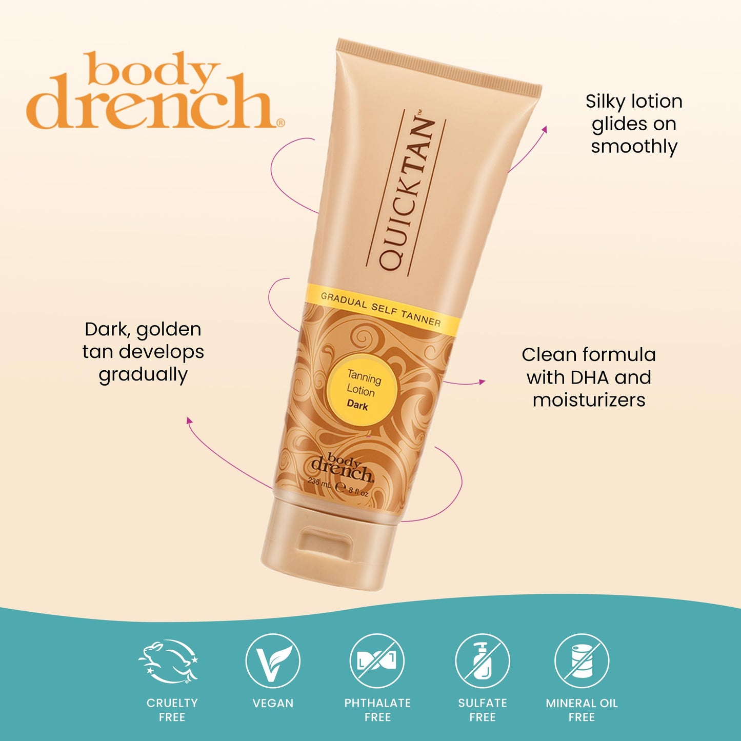 Body Drench Quick Tan Self Tanner Body Lotion - Sunless Tanning Lotion for Women, Natural-Looking Self Tan, Dark, 8 fl oz