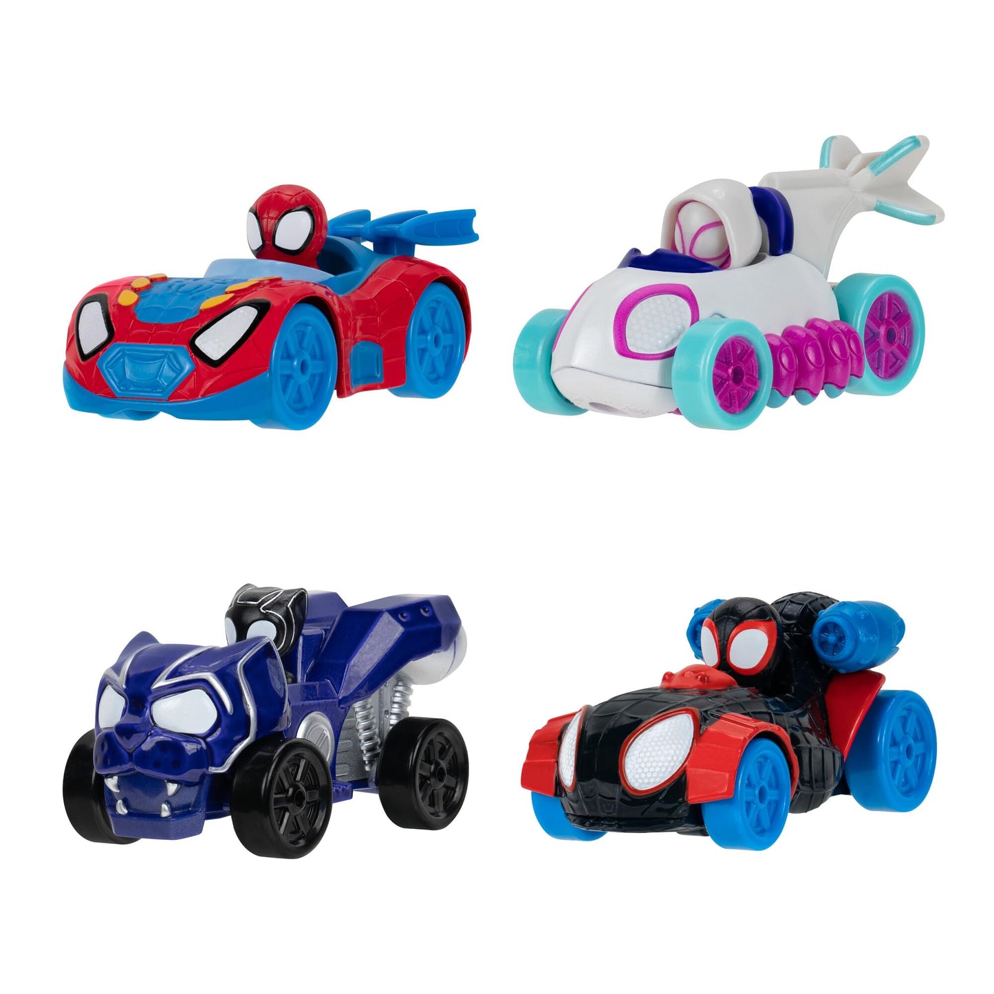 Jazwares Marvel Spidey and Friends 4-Pack Die-Cast Vehicles - Includes Spidey, Ghost-Spider, Black Panther, Miles Morales - Superhero Toys for Kids 3+