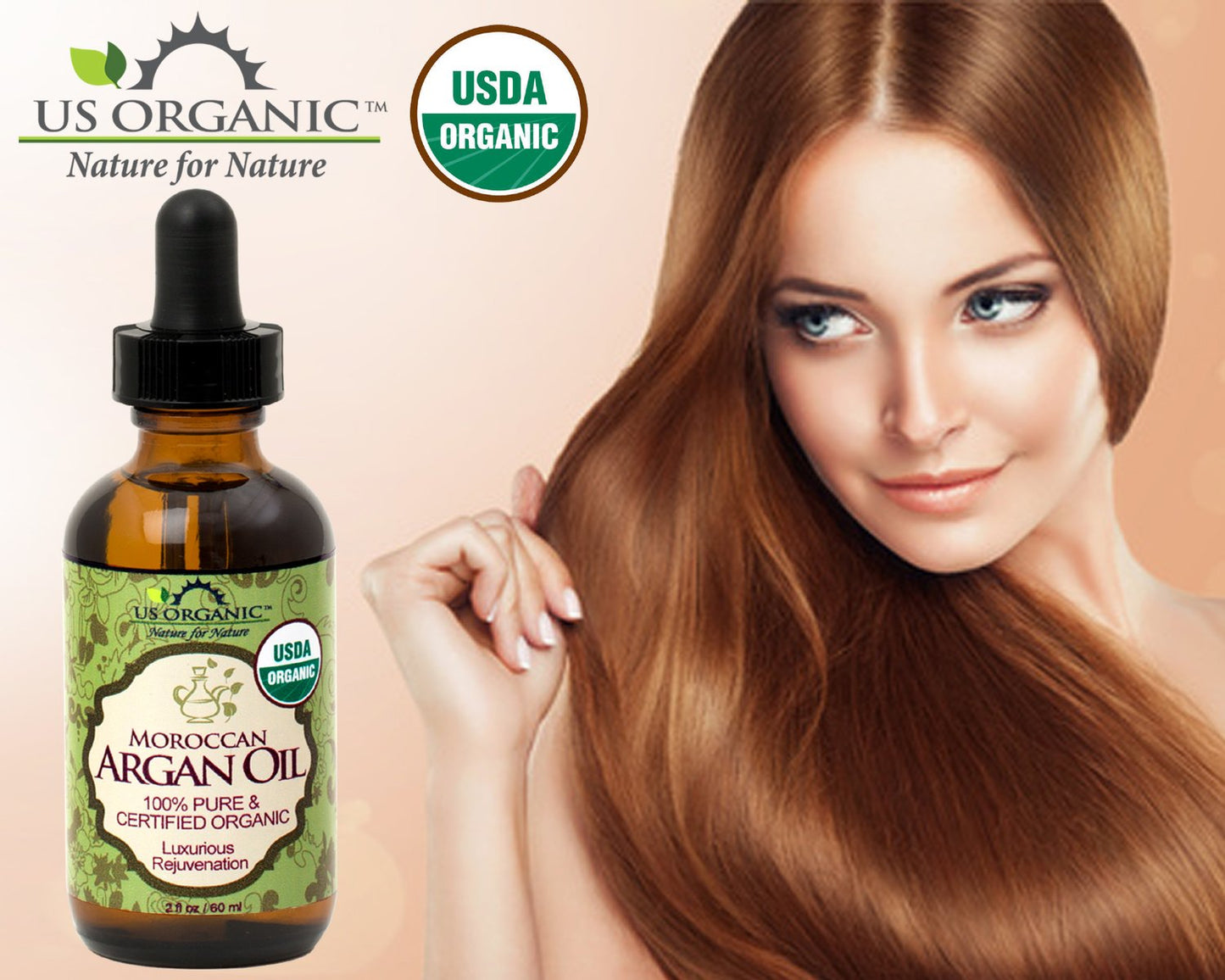 US Organic Moroccan Argan Oil, USDA Certified Organic,100% Pure & Natural, Cold Pressed Virgin, Unrefined, 2 Oz in Amber Glass Bottle, for Hair Beauty and Personal Care US Organic