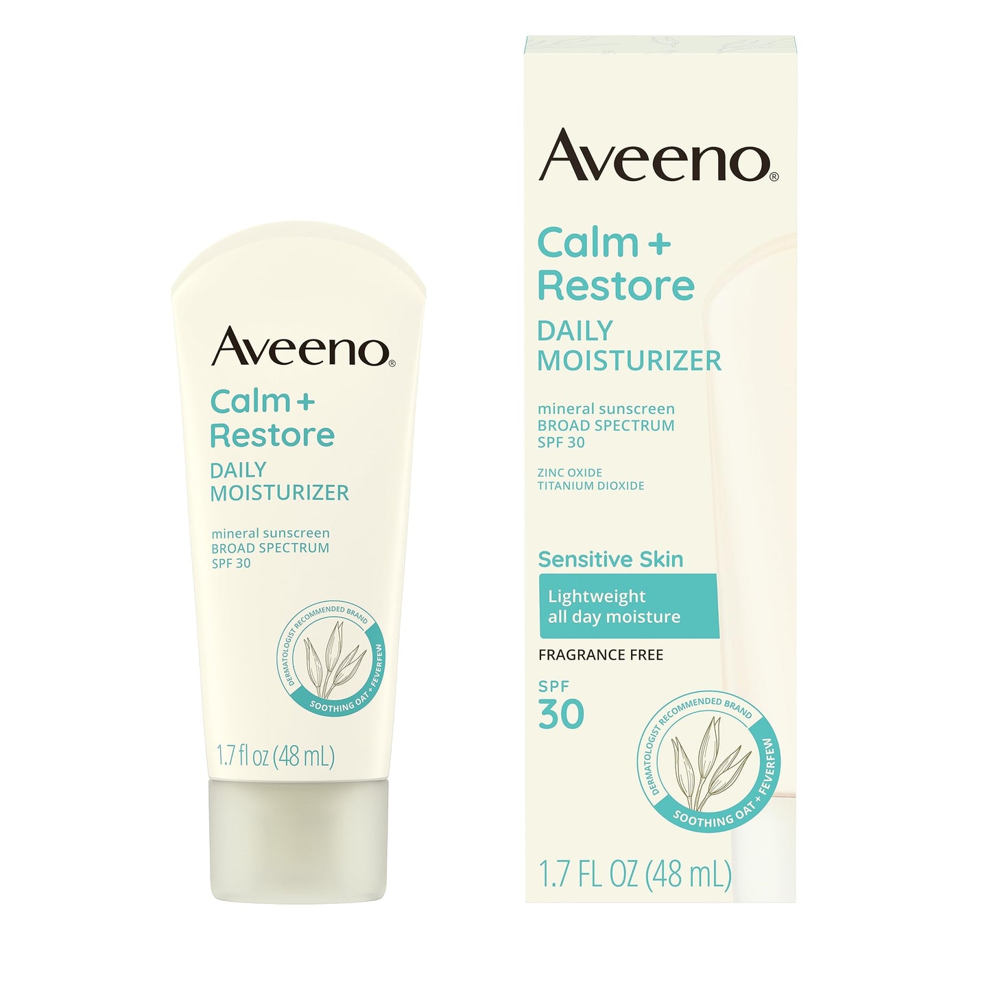 Aveeno Calm + Restore Daily Moisturizer Mineral Sunscreen with Broad Spectrum SPF 30, Lightweight All Day Moisture + UVA/UVB Sun Protection