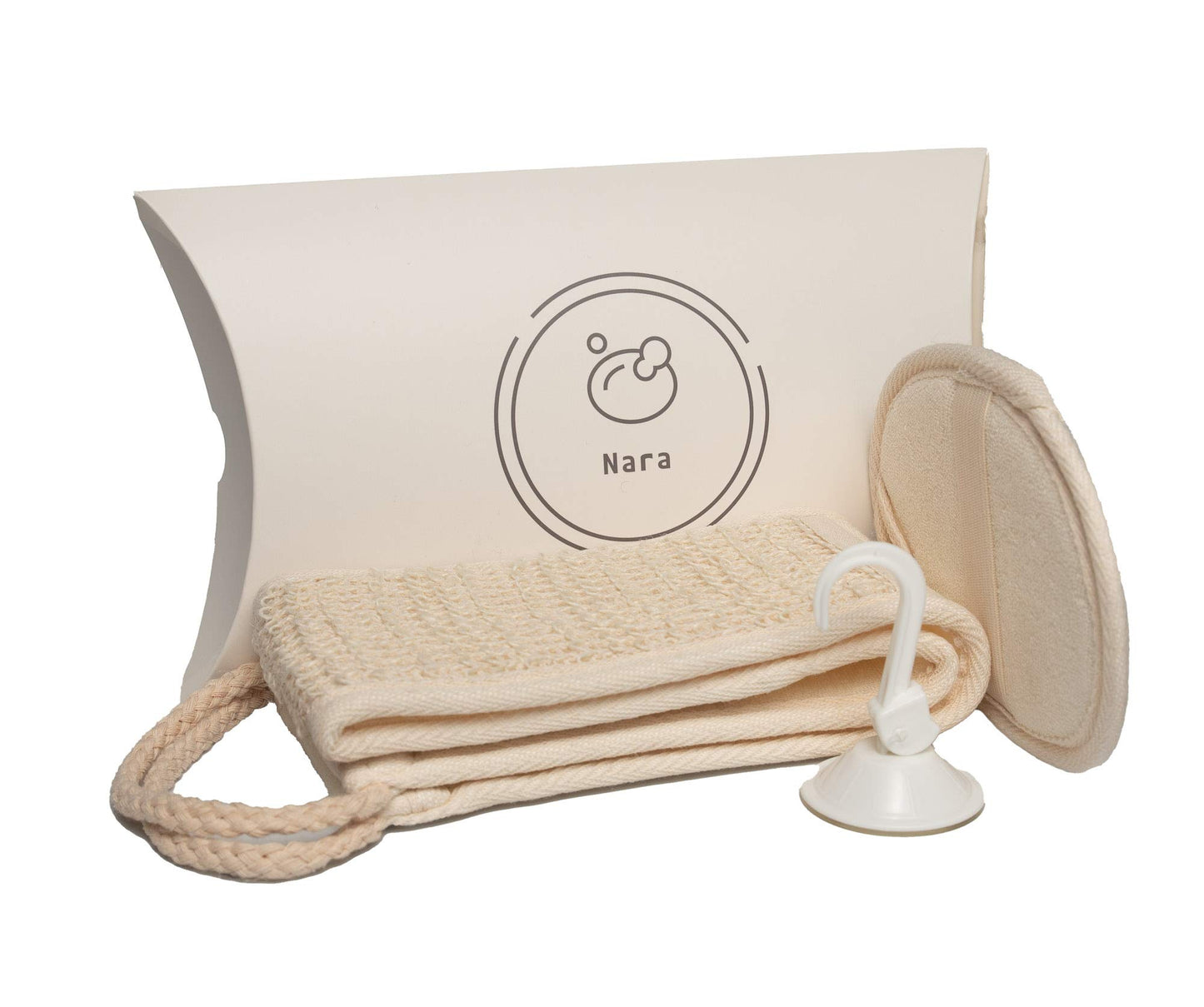 Nara Loofah (lufa) Sponge Set : one face Sponge, one Back and Body Scrubber and a Suction Clip. Sponges to exfoliate Your Body and face.