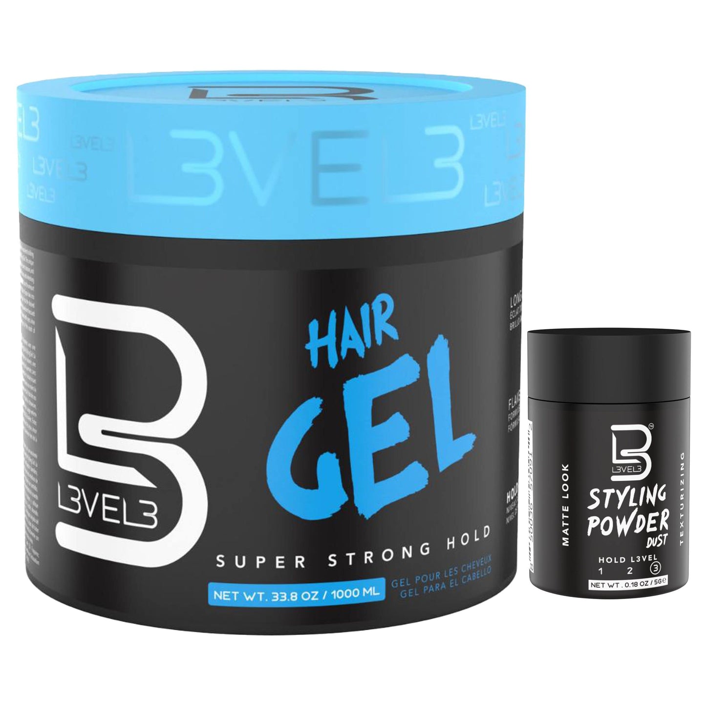 L3 Hair Gel with Sample Powder - Super Strong Hold - Flake Free - Long Lasting Shine - for Men and Women