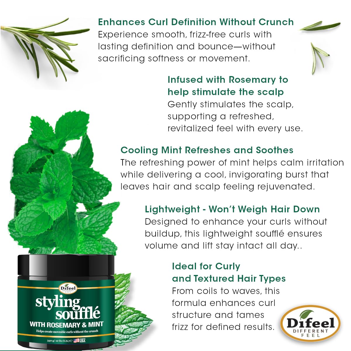 Difeel Rosemary & Mint Styling Soufflé 12 oz. - Nourishing Curl Defining Souffle for Wavy Hair, Curly Hair & Coils