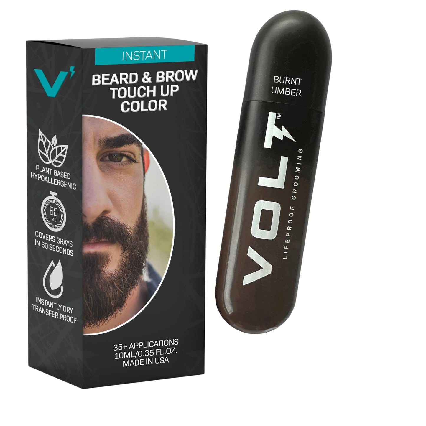 VOLT Grooming Temporary Instant Beard Color for Men, Quick Drying Plant-Based Brush On Beard, Mustache & Eyebrow Color, Sensitive Skin Safe, Burnt