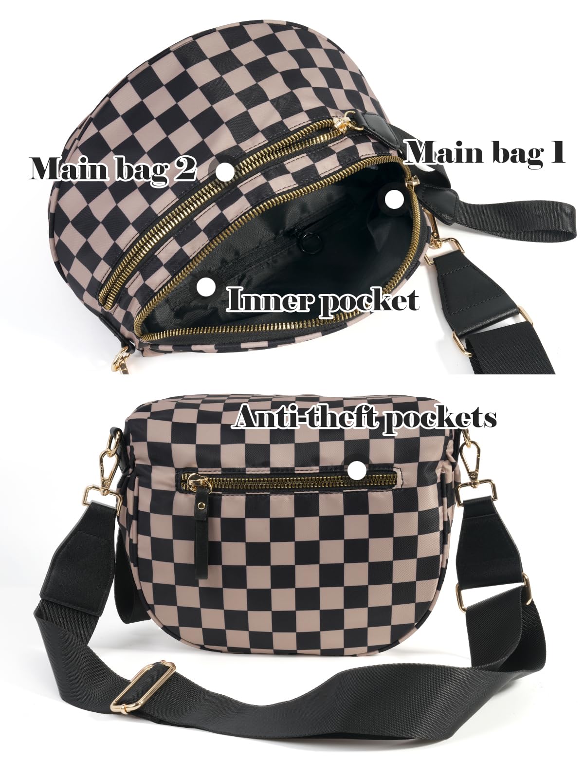 Black and White Checkered Crossbody Bum Bag for Women,Spacious Checkered Purse Fanny Packs Belt Bag Sling Bag