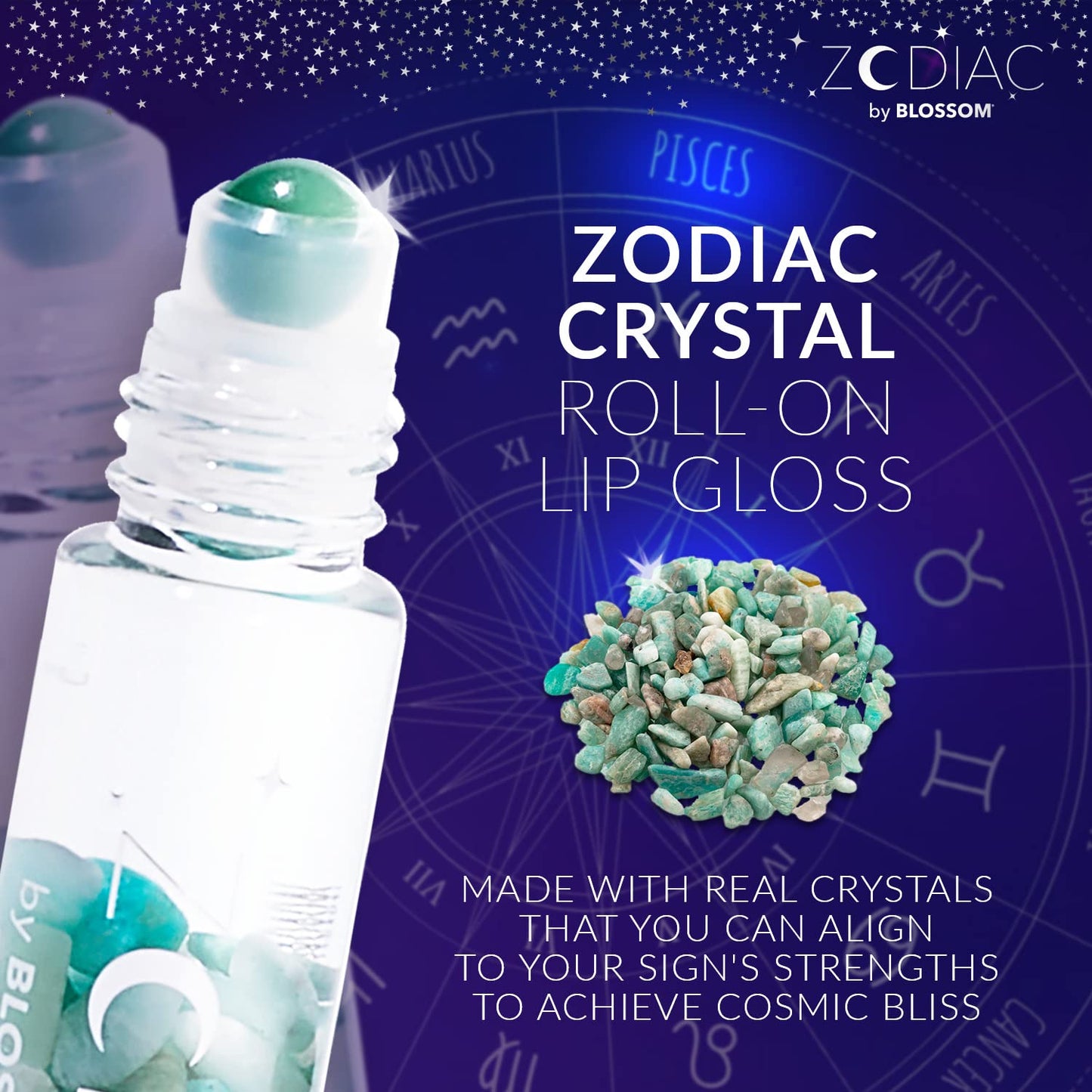 Blossom Lip Gloss Zodiac Sign Vanilla Scented Roll-On Lip Gloss, Moisturizing + Hydrating with Zodiac Crystals, Made in USA, 0.20oz, Pisces