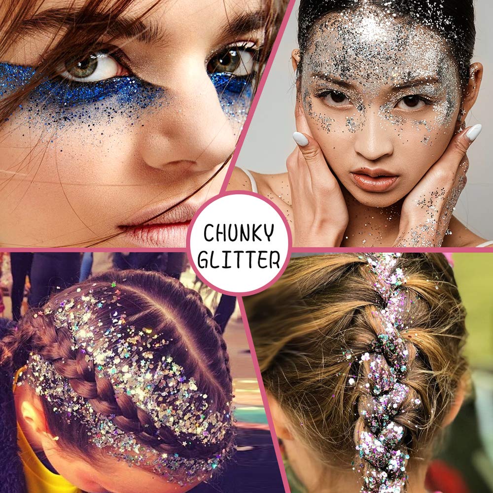 Holographic Chunky Sequins 12 Colors Mixed Laser Cosmetic Glitter for Face, Body, Eye, Hair, Nail Art, Lip Gloss - Festival Glitter Makeup