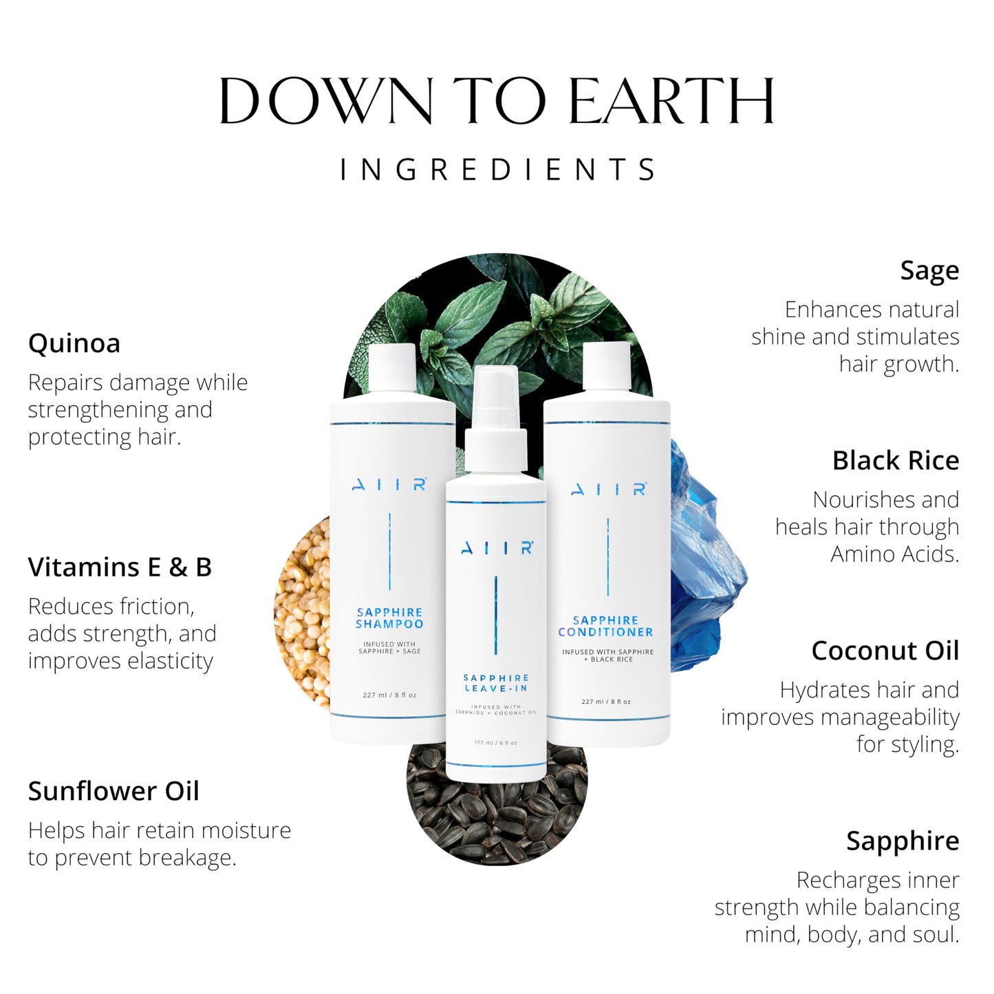 AIIR Sapphire Bundle - Sapphire Infused Shampoo, Conditioner & Leave-In Conditioner Set - Strengthen Damaged Hair, Frizz Control, Heat Protectant