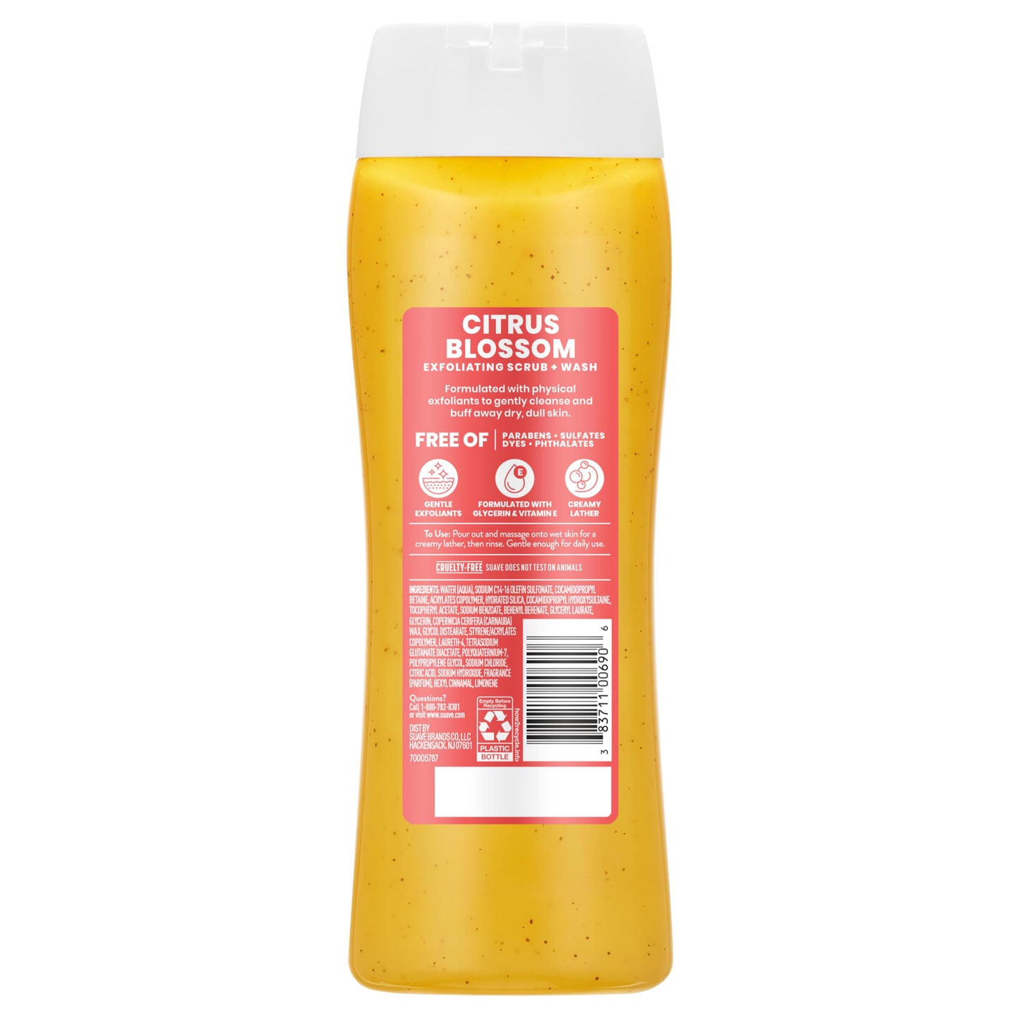 Suave Citrus Blossom Exfoliating Body Wash & Scrub with Glycerin & Vitamin E, Sulfate-Free Hydrating Cleanser for Soft, Smooth Skin, 18 FL OZ
