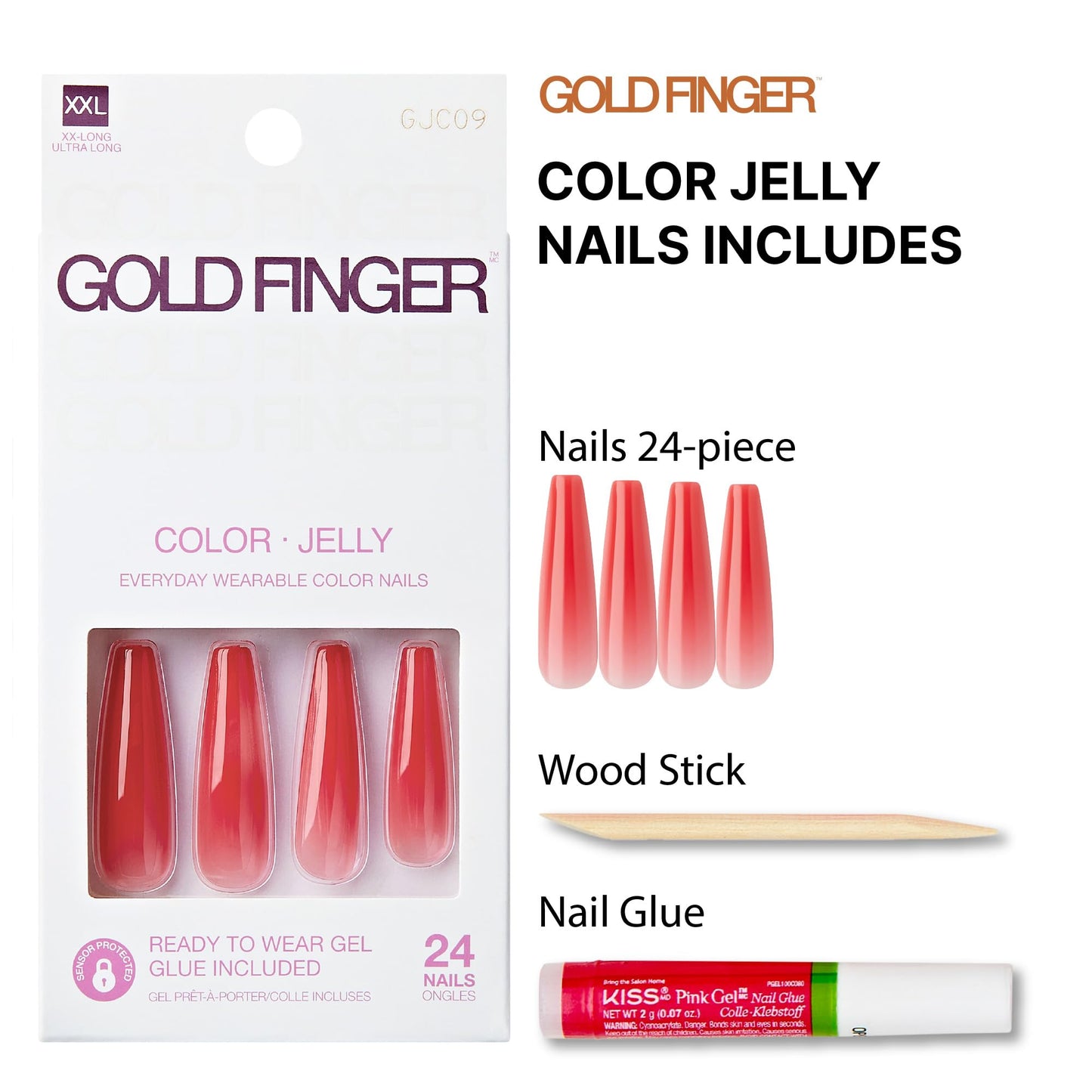 GoldFinger False Nails Kit, Jelly Color Ready to Wear Red Fake Nails, Manicure Stick and Glue Included, XX-Long Length, Coffin Shape, Long-Lasting Beauty & Personal Care Goldfinger