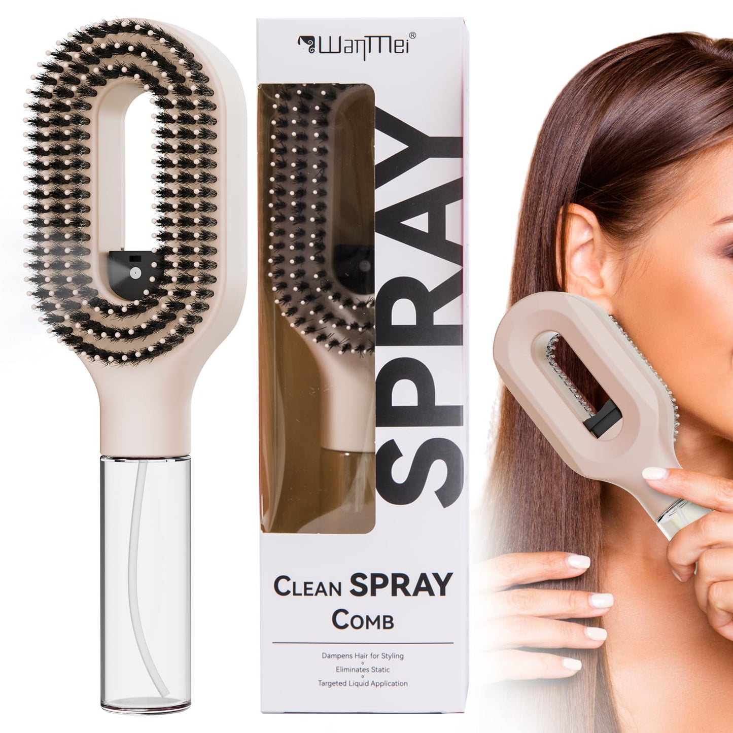 Portable Hair Brush with Water Spray, Travel-Friendly Fine Mist Detangling Brush for Wet & Dry Hair, Compact Water Spray Brush for Curly, Wavy