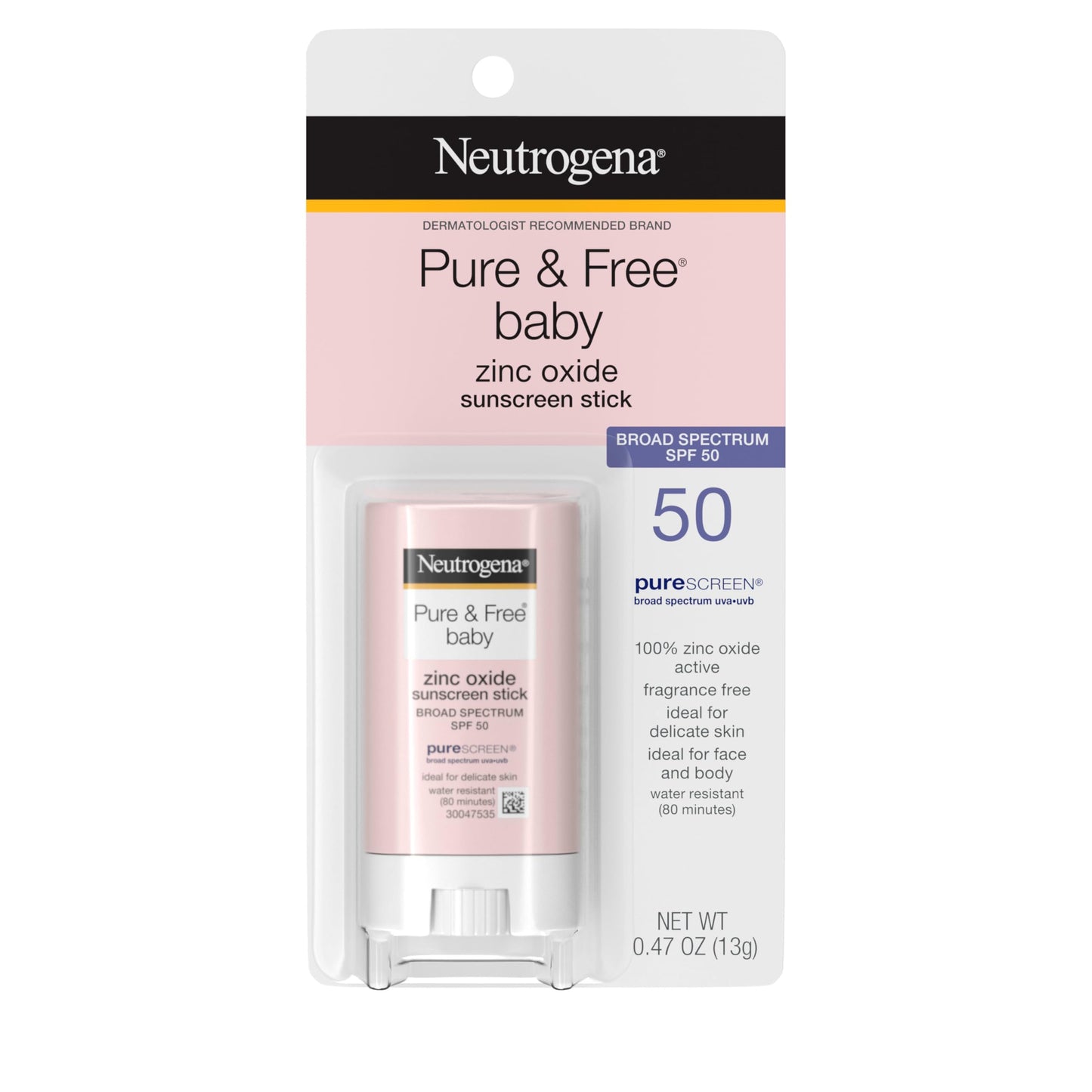 Neutrogena Pure & Free Baby Mineral Sunscreen Stick with Broad Spectrum SPF 50 & Zinc Oxide, Water-Resistant, Hypoallergenic, Paraben-, Dye-