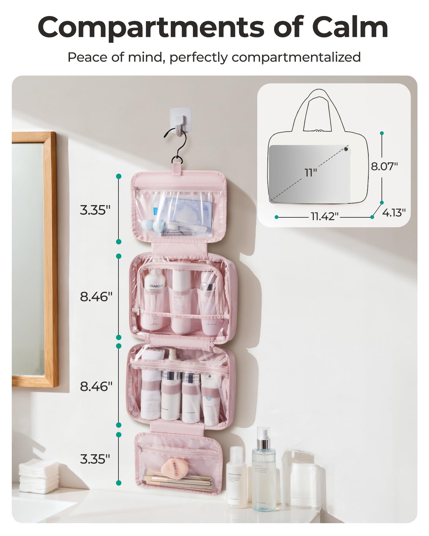 BAGSMART Travel Toiletry Bag for women, Portable Hanging Hook Makeup Bag Organizer, Waterproof Makeup Cosmetic Bag, for Full-Size Accessories Beauty and Personal Care BAGSMART