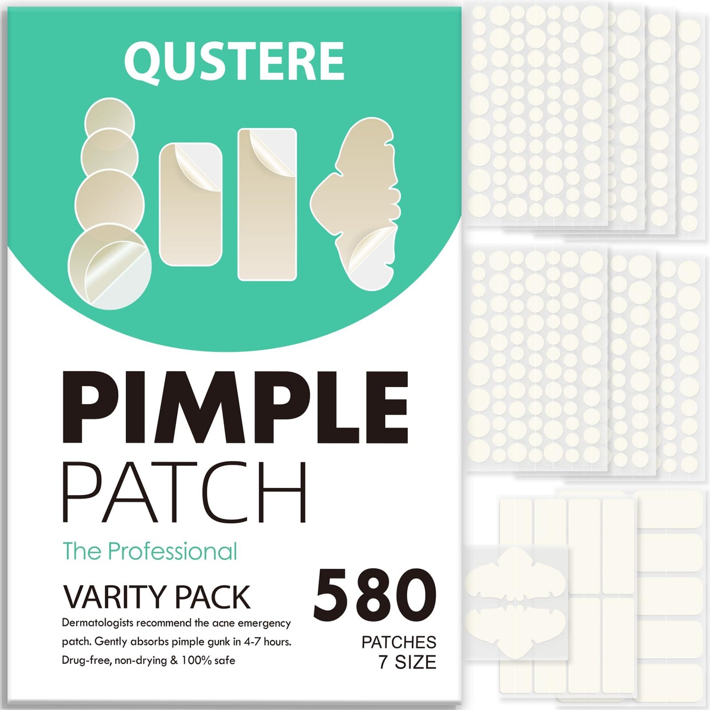 QUSTERE 580 Count Pimple Patches for Face, Large Hydrocolloid Acne Patches Stickers Bandages, Blemishes Zit Breakouts for Cheeks, Forehead, Chin, Nose Beauty and Personal Care QUSTERE Default Title