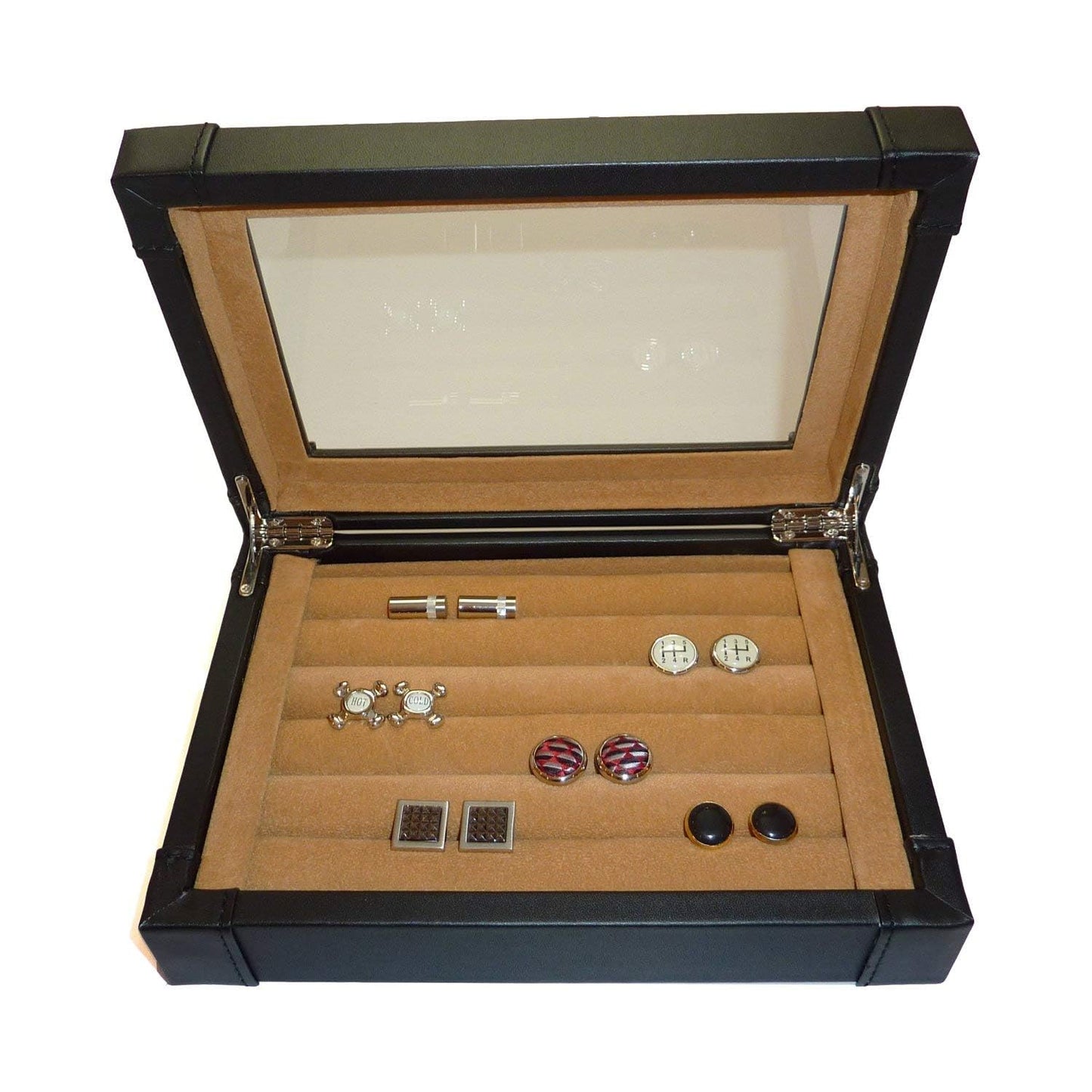 TimelyBuys Black Leatherette Cufflink Case & Ring Storage Organizer Jewelry Box for Cufflinks Father's Day Gift