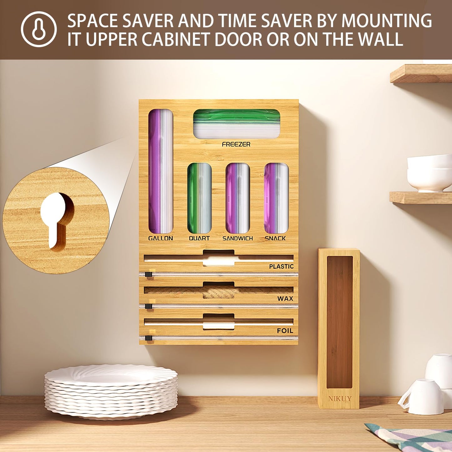 NIKUY 9 IN 1 Bamboo Foil and Plastic Wrap Organizer for Kitchen Drawer, Plastic Bag Organizer Organization and Storage, Food Storage Bag Organizer…