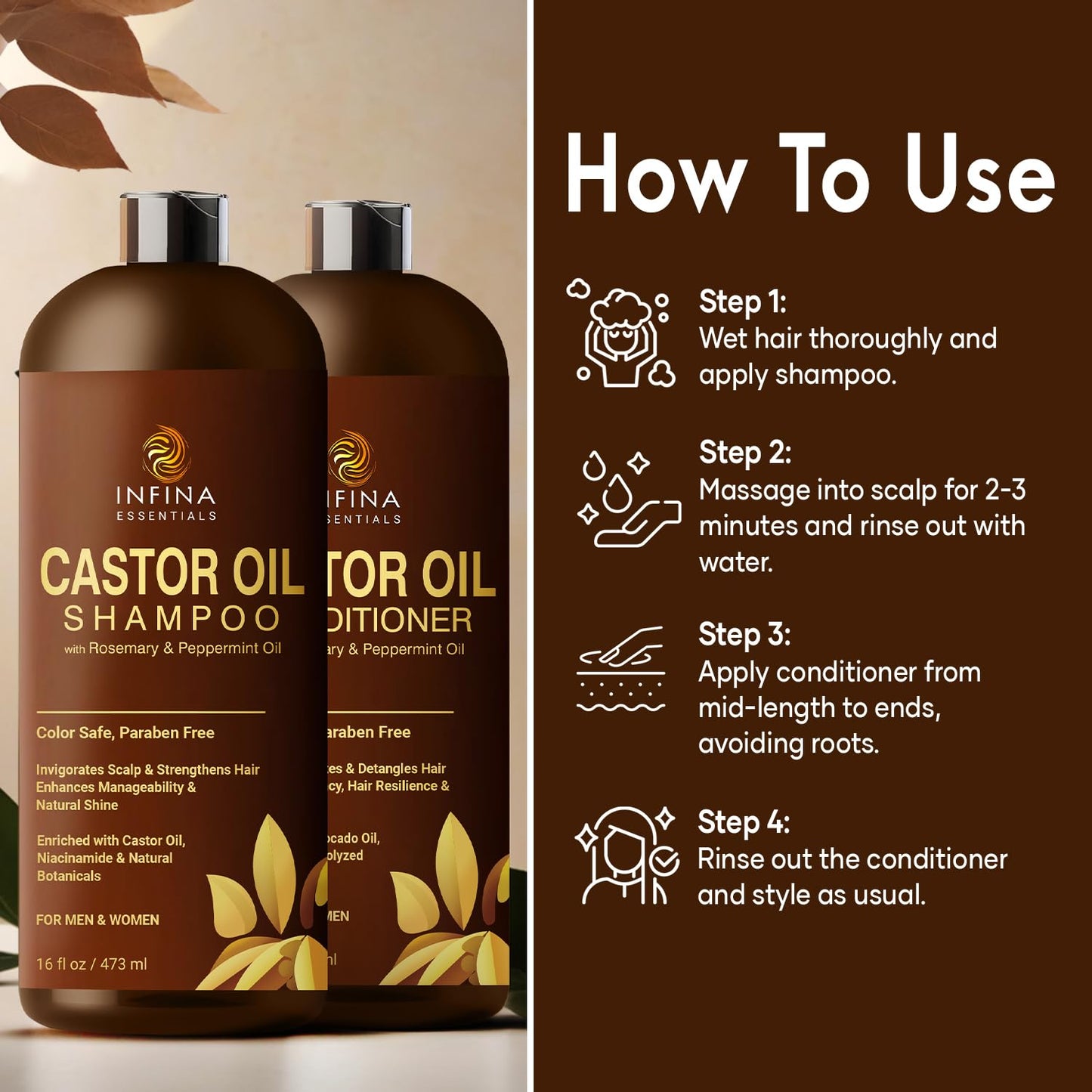 Castor Oil Shampoo and Conditioner Set for Hair Growth with Rosemary & Peppermint Oil - Cleanse Hair, Strengthen & Shine with Castor Shampoo