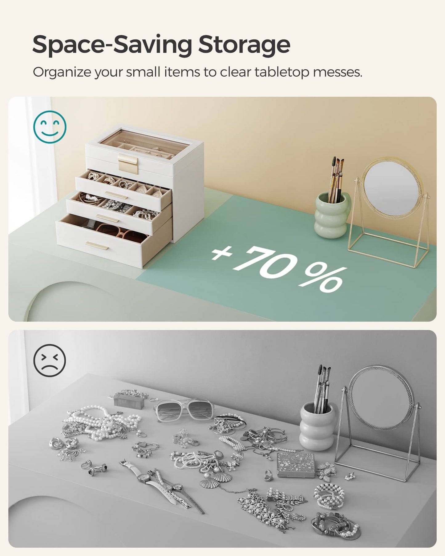 SONGMICS Jewelry Box Organizer with Glass Lid, 4-Layer Jewelry Storage, with 3 Drawers, Modern Style, 6 x 9.9 x 8.5 Inches, Cloud White and Gold…