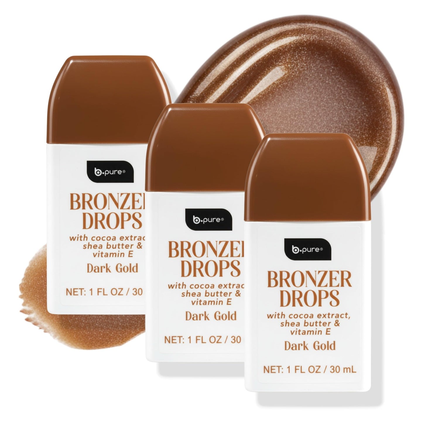 b.pure Moisturizing Bronzer Drops | Dark Gold | Tinted Face & Skin Glow Enhancer | 1 oz, 3-Pack