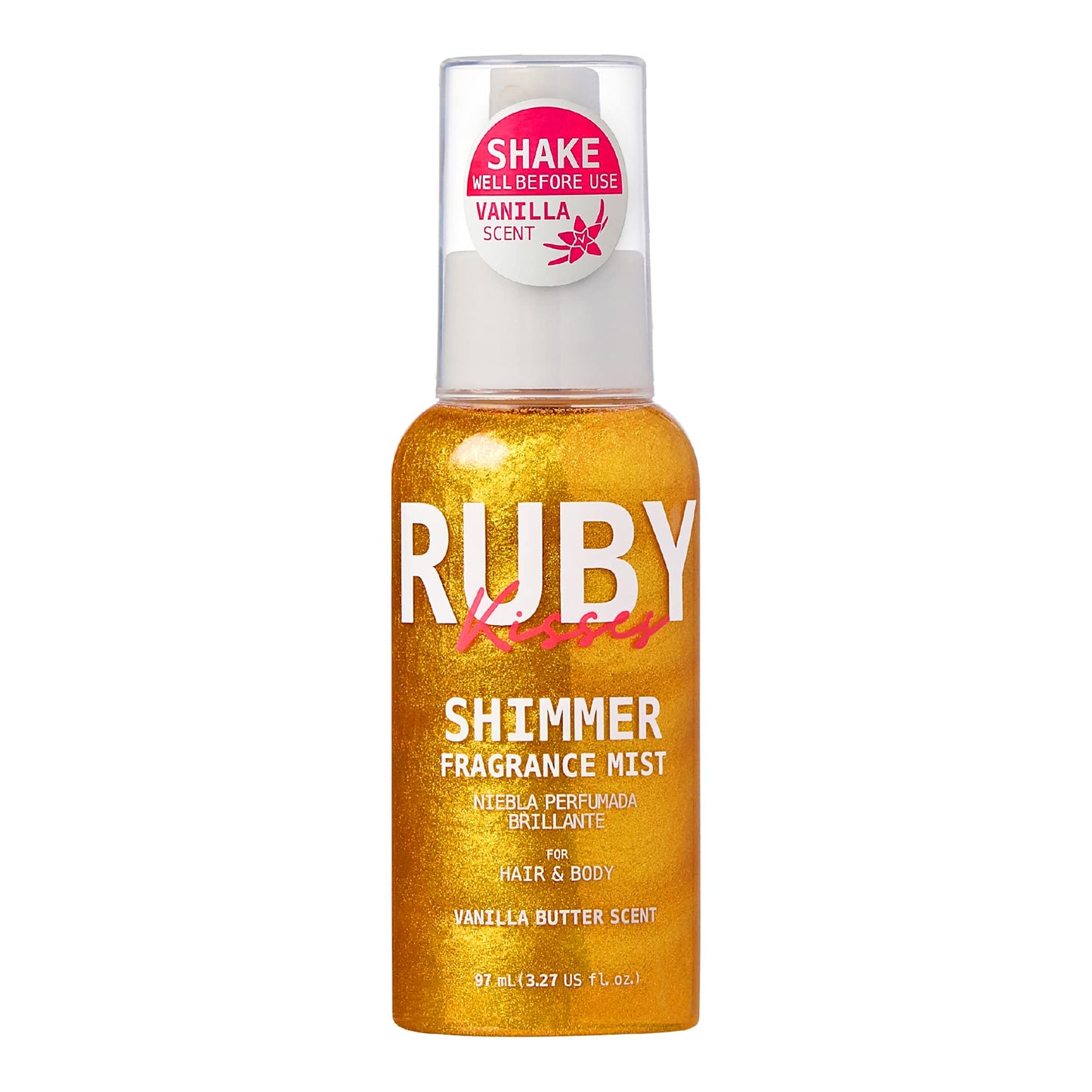 Ruby Kisses Shimmer Fragrance Body and Hair Mist Spray, Vanilla Glitter Body Perfume Spray, Skin Perfume, Liquid Illuminator Highlighter for Skin