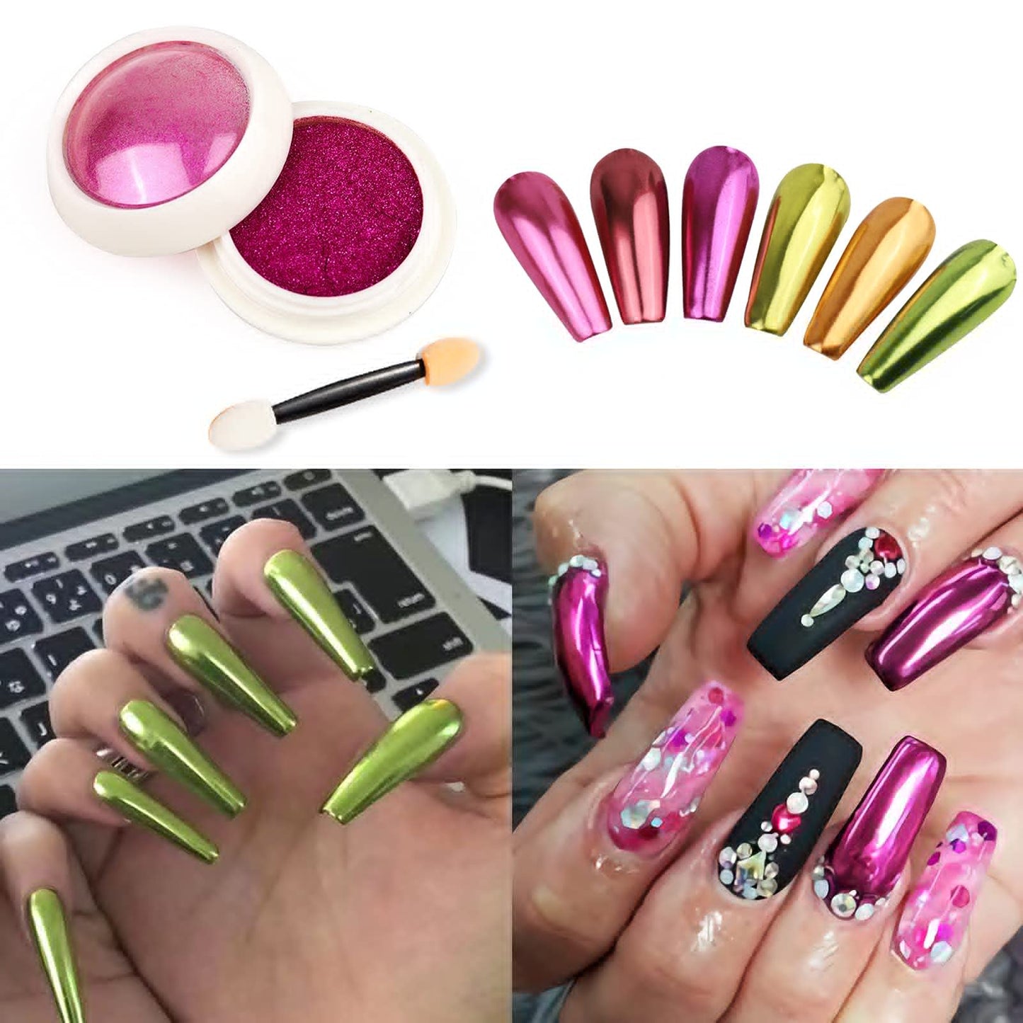 BISHENGYF 6 Box Chrome Nail Powder, Chrome Effect Nail Powder Set, Shiny Nail Glitter Powder with Magic Mirror Effect for Nail Art Design