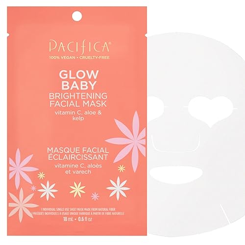 Pacifica Sheet Face Mask - Glow Baby Brightening Facial Mask w/Vitamin C, Aloe & Kelp - Cooling Mask for Dark Spots & Fine Lines - Clean Beauty Vegan